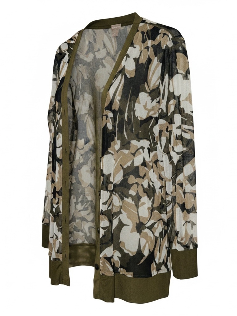 Chico’s Mesh Boho Olive/Beige Button Front Longline Floral Cardigan Duster